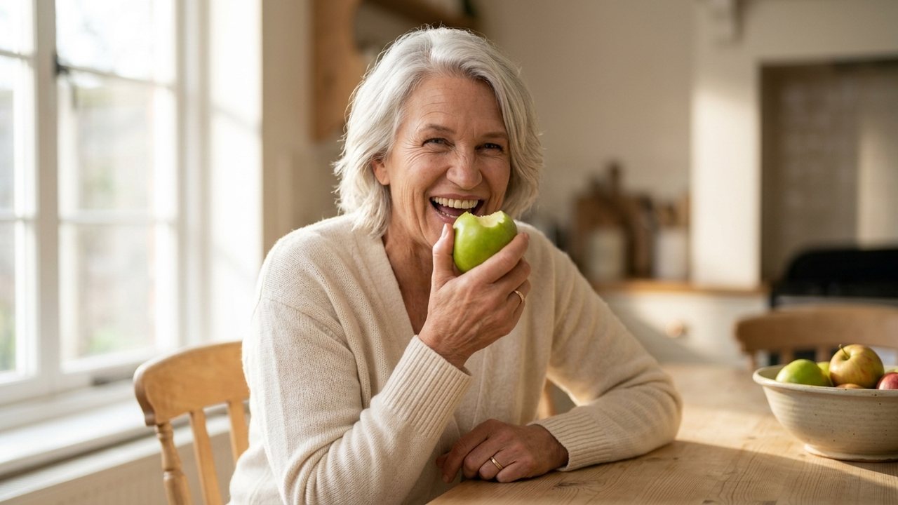 At a wooden kitchen table by a bright window, a silver haired woman in a cream cardigan laughs as she bites into a green apple, a bowl of apples beside her.