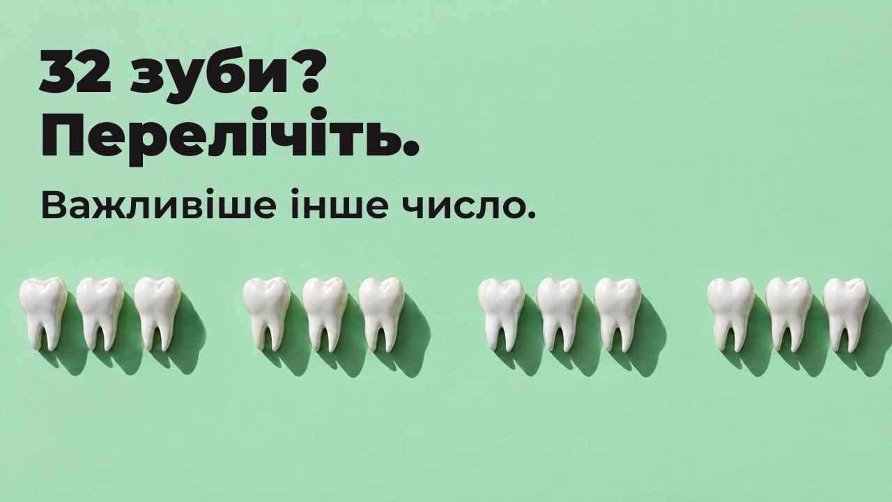 32 зуби? Перелічіть. Важливіше інше число. Вигляд згори: ряд білих фігурок зубів на м’ятному тлі, з проміжками там, де зубів бракує.