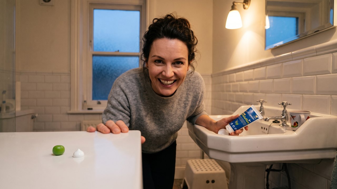 Evening in the small bathroom of a Dublin terraced house: a woman with dark hair pinned up leans over a white vanity top and smiles at the camera; in front of her lie a real green pea and a dot of toothpaste of the same size, and in her other hand, by the basin, she holds a Das Experten EVOLUTION kids toothpaste; a child's step stool and cup stand by the basin.
