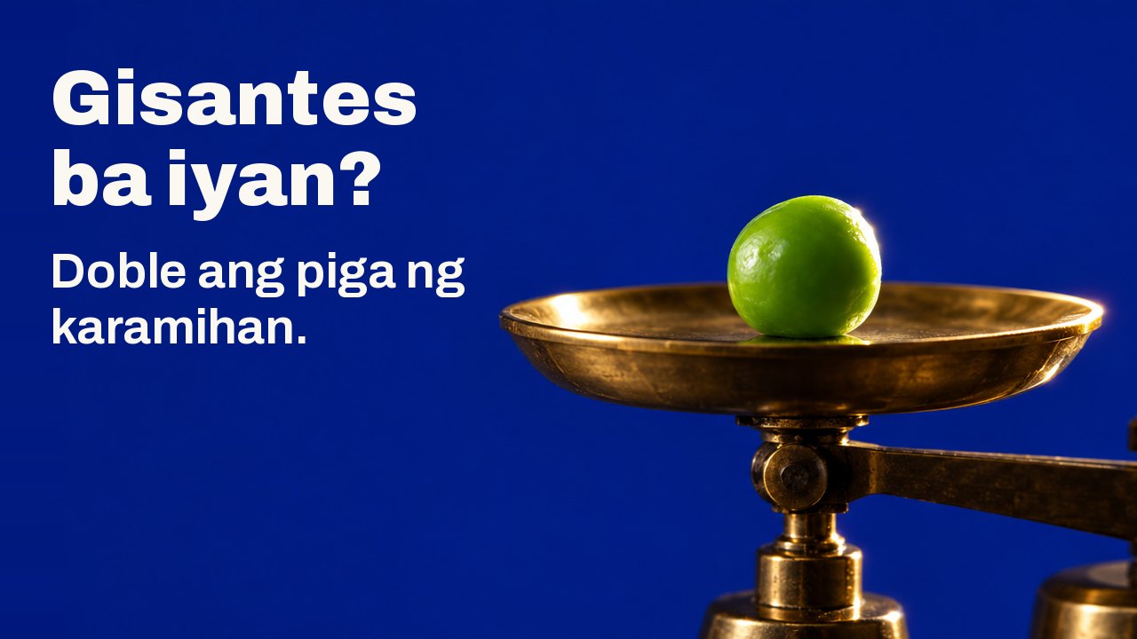 Gisantes ba iyan? Doble ang piga ng karamihan. Kuha nang diretso mula sa itaas sa ilalim ng iisang matigas na ilaw: isang makintab na berdeng gisantes sa bilog na tansong pinggan ng maliit na laboratory balance, sa malalim na teal na background.