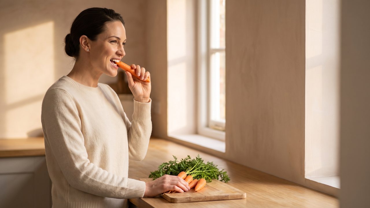 Early evening in a bright home kitchen by the window: a dark haired woman in a plain cream knit jumper bites into a raw carrot, smiling, her other hand resting on a bunch of carrots with green tops on a wooden chopping board.