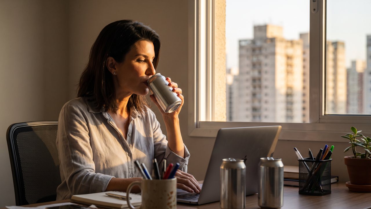 Late afternoon in a São Paulo apartment that doubles as an office: a woman with dark shoulder length hair sits at a desk by a tall window over the city towers, lifting a plain silver can to her lips while two empty cans stand beside her laptop.