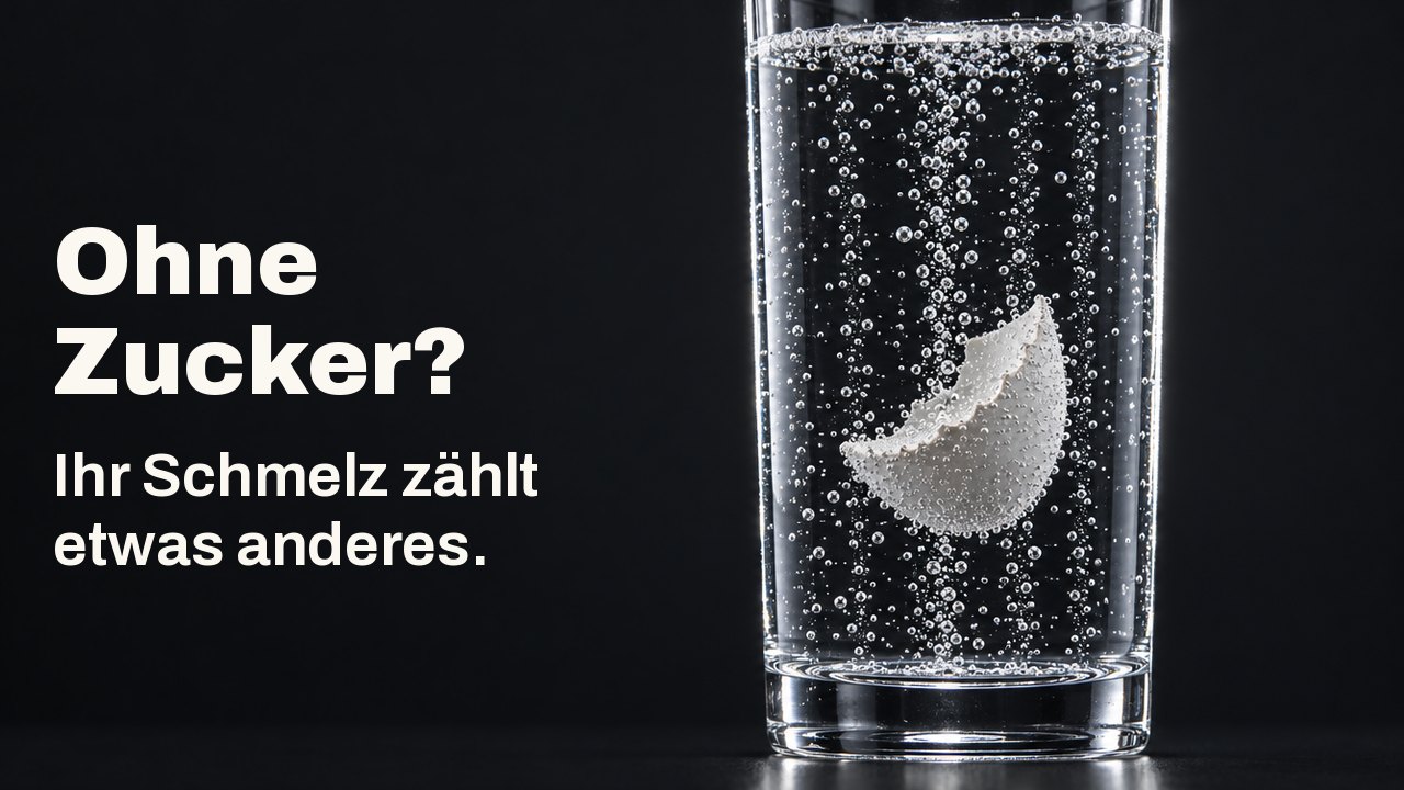 Ohne Zucker? Ihr Schmelz zählt etwas anderes. Ein weißes Stück Eierschale schwebt in einem hohen Glas mit klarer, sprudelnder Limo, an ihm steigen Ketten von Bläschen vorbei, vor einem tiefen Kobaltblau.