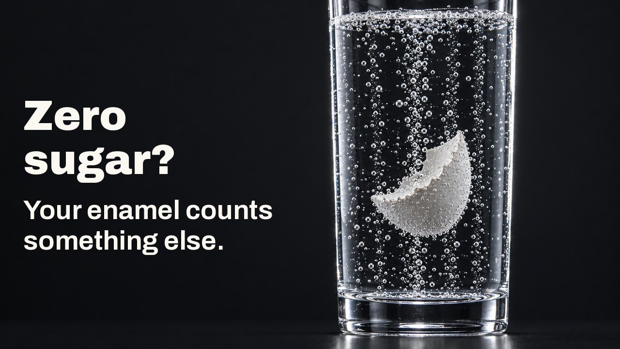 Zero sugar? Your enamel counts something else. A white eggshell fragment hanging in a tall glass of clear fizzing soda, streams of bubbles rising past it against a deep cobalt background.