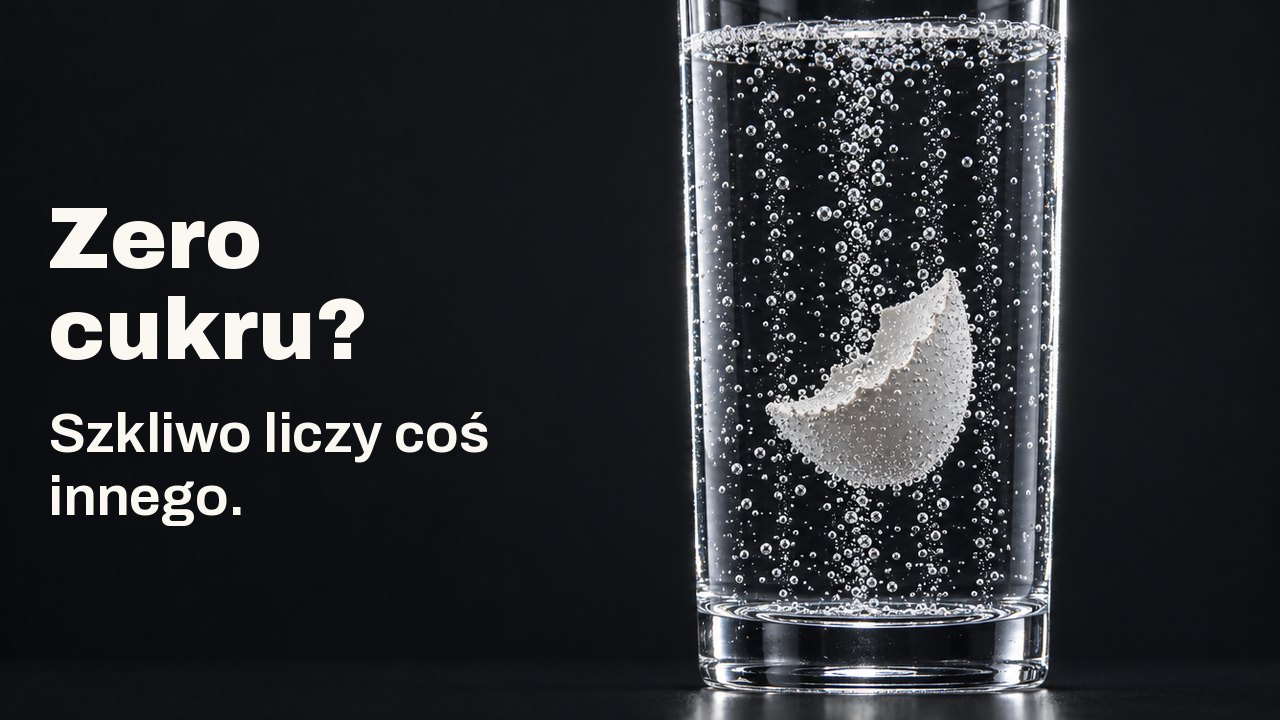 Zero cukru? Szkliwo liczy coś innego. Biały odłamek skorupki jajka zawieszony w wysokiej szklance przezroczystego, musującego napoju, obok niego wznoszą się smugi bąbelków na tle głębokiego kobaltu.
