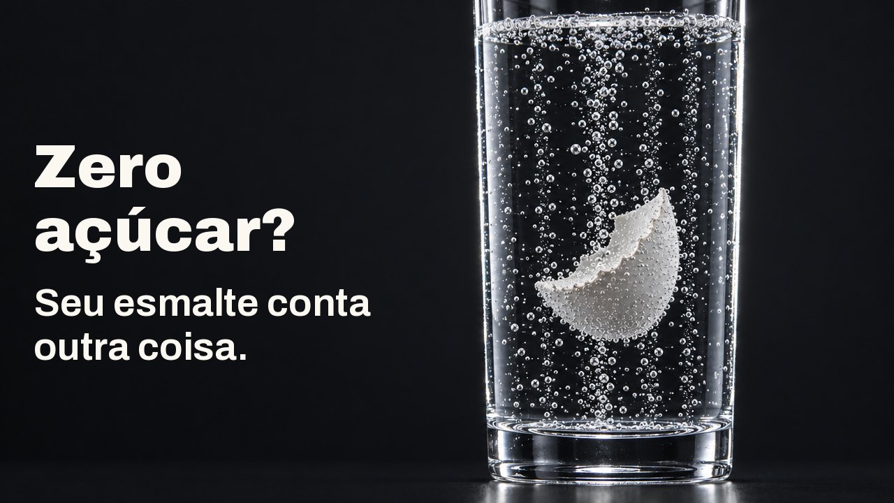 Zero açúcar? Seu esmalte conta outra coisa. Um fragmento branco de casca de ovo suspenso num copo alto de refrigerante transparente e borbulhante, com fileiras de bolhas subindo ao lado dele sobre um fundo azul cobalto profundo.