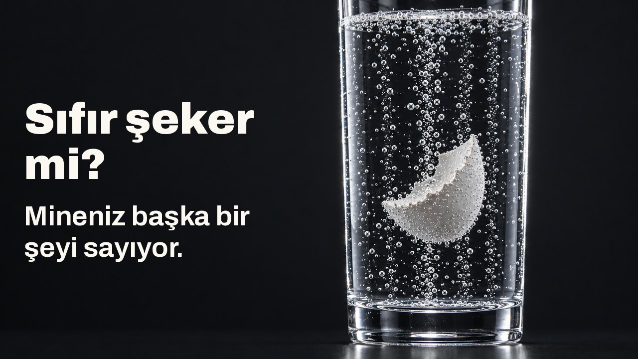 Sıfır şeker mi? Mineniz başka bir şeyi sayıyor. Koyu kobalt mavisi bir arka plan önünde, berrak ve köpüklü gazlı içecekle dolu uzun bir bardağın içinde asılı duran beyaz bir yumurta kabuğu parçası; yanından kabarcık dizileri yükseliyor.