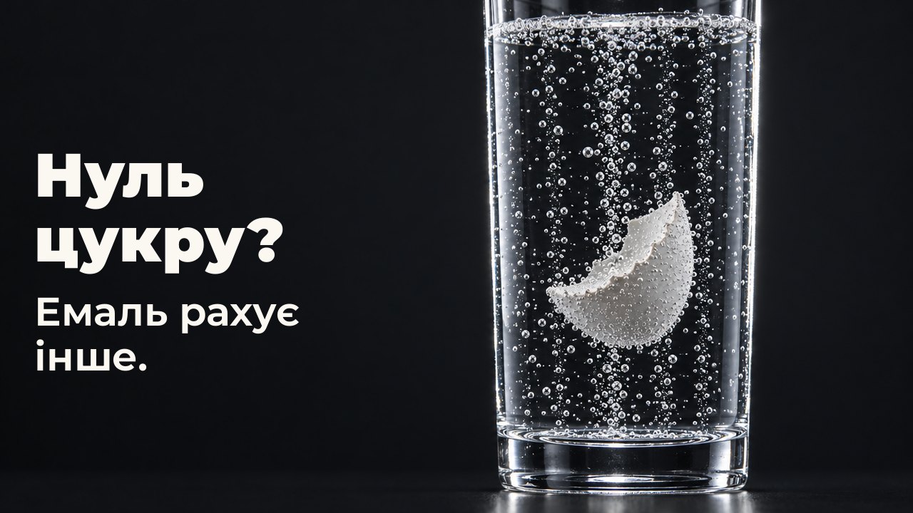 Нуль цукру? Емаль рахує інше. Білий уламок яєчної шкаралупи висить у високій склянці з прозорою шипучою газованкою, повз нього здіймаються струмені бульбашок на глибокому кобальтовому тлі.