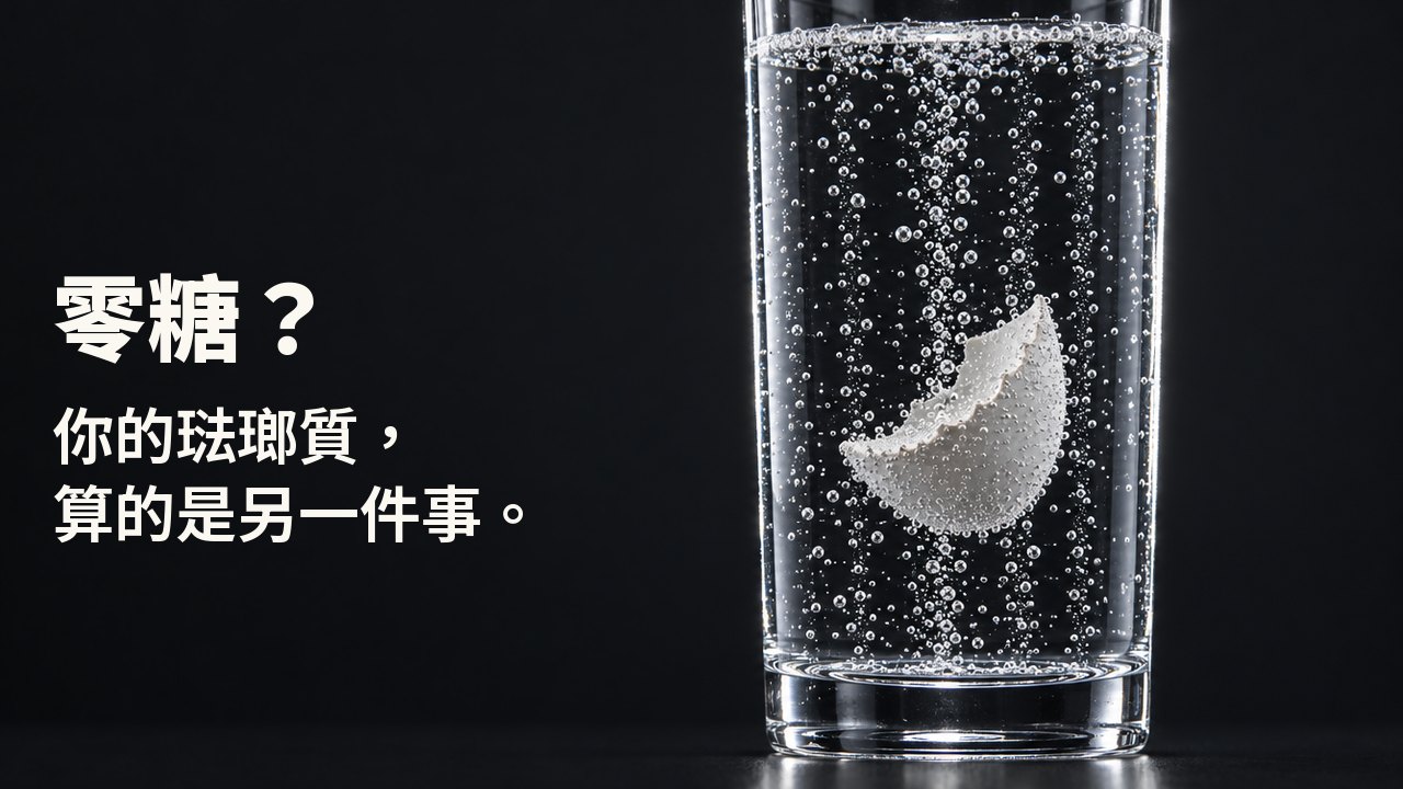 零糖？ 你的琺瑯質，算的是另一件事。 一片白色蛋殼碎片懸在裝滿透明氣泡汽水的高玻璃杯中，一串串氣泡從旁上升，背景是深鈷藍色。