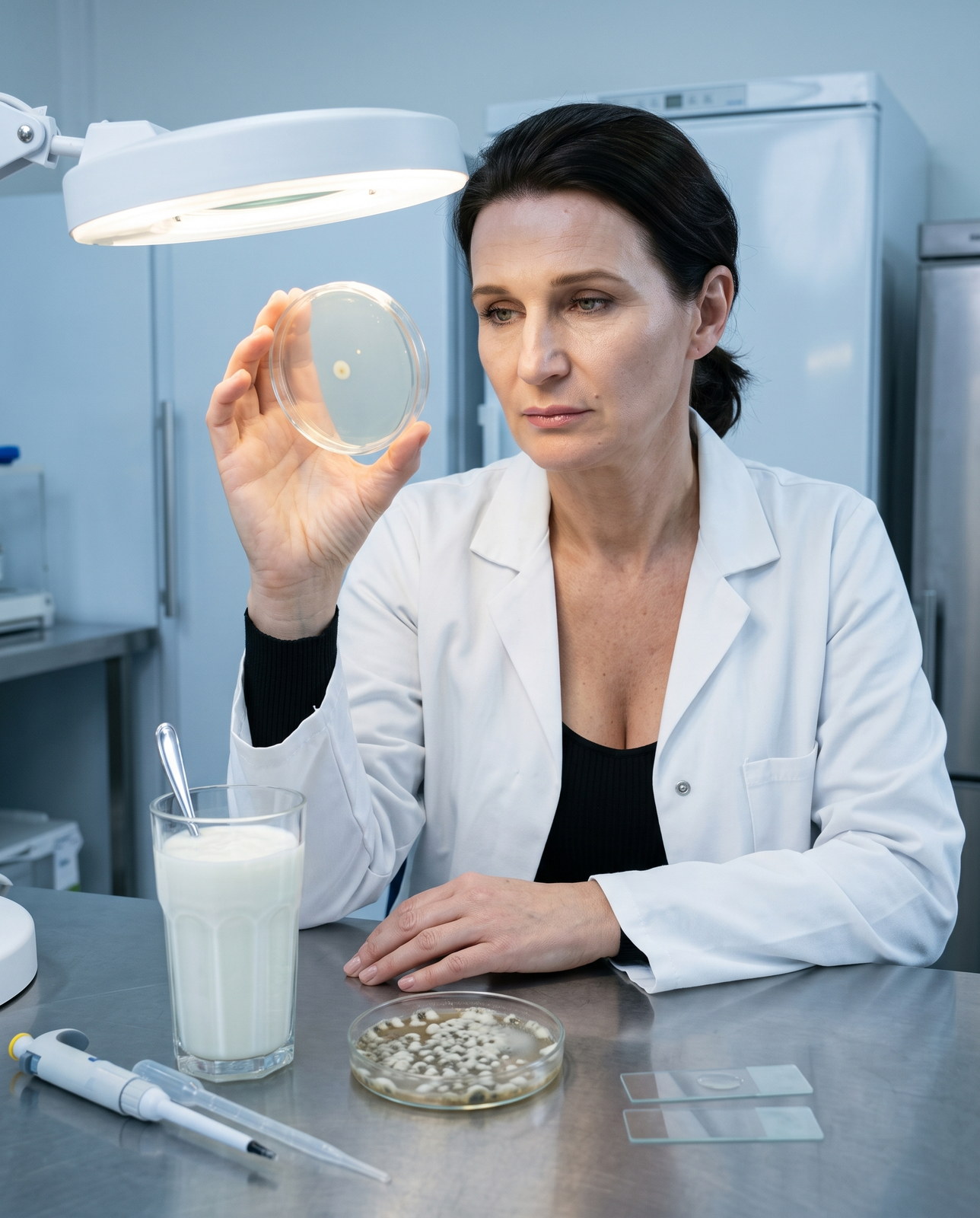 Live versus dead probiotics in toothpaste: an analyst under a bench lamp studies an almost empty petri dish beside a glass of kefir and a crowded dish