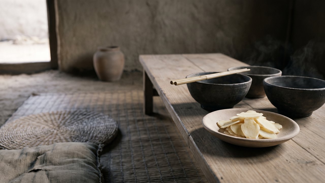 How to stop bleeding gums: a cleared low table in the state of Lu around 500 BC, the empty pottery bowls pushed aside with the chopsticks across one rim, and one shallow dish of thin sliced fresh ginger left standing where it stood all through the meal