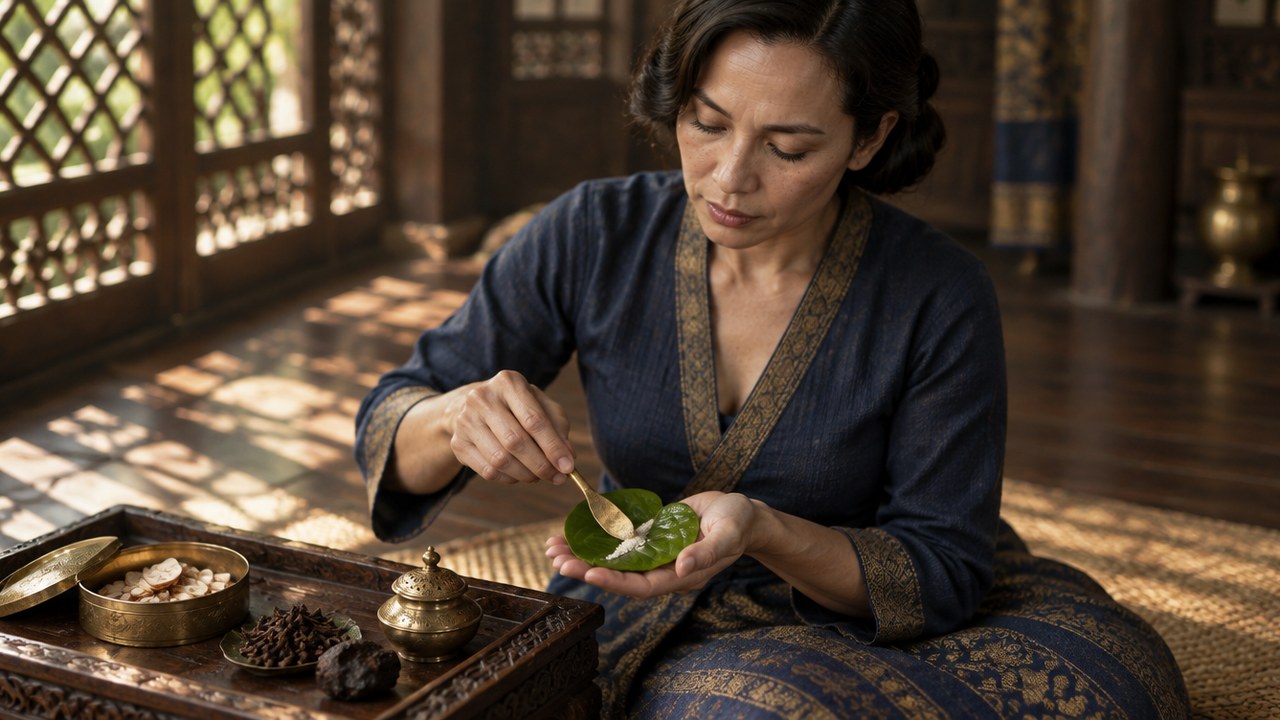 A woman of the Melaka court kneeling on a mat in the 1440s, spreading slaked lime across a heart shaped betel leaf held open on her palm, a brass betel box with areca slices and dried clove buds on the carved tray beside her