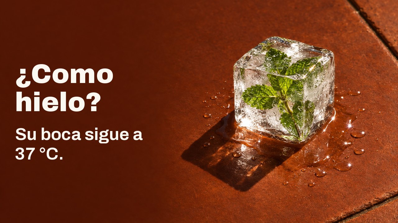 ¿Como hielo? Su boca sigue a 37 °C. Un solo cubito de hielo transparente con una ramita de menta congelada dentro, derritiéndose sobre una baldosa de terracota caliente por el sol bajo una dura luz de tarde.