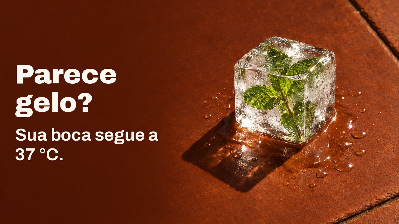 Parece gelo? Sua boca segue a 37 °C. Um único cubo de gelo transparente com um raminho de hortelã congelado dentro, derretendo sobre uma lajota de terracota aquecida pelo sol, na luz dura da tarde.