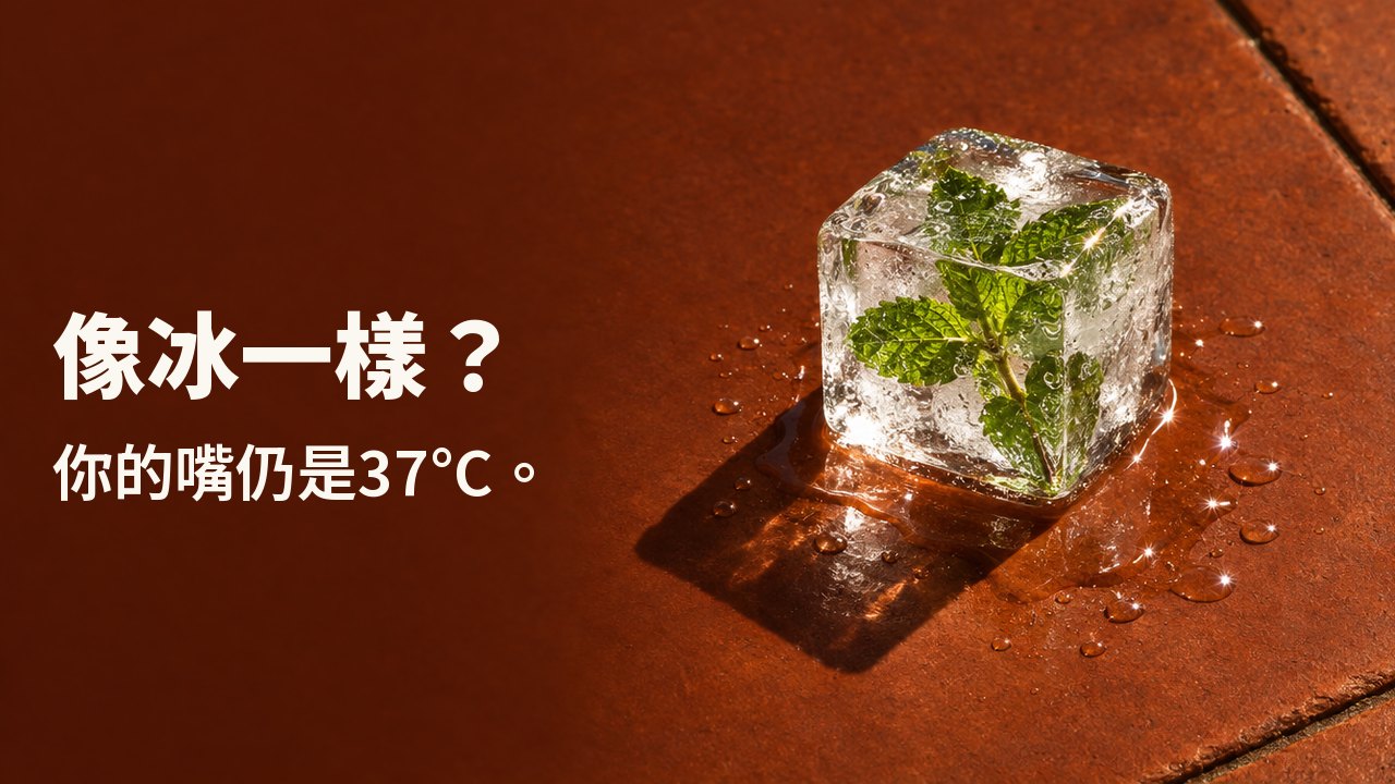 像冰一樣？ 你的嘴仍是37°C。 一塊透明冰塊裡凍著一小枝薄荷，在午後強烈陽光曬熱的赤陶磚上慢慢融化。