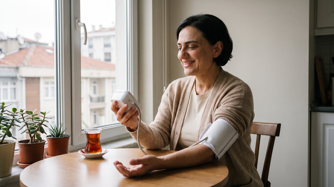 Morning in an Istanbul apartment: a woman with short dark hair sits at a small kitchen table by the window with a blood pressure cuff on her upper arm and reads the home monitor, a tulip glass of tea beside her.