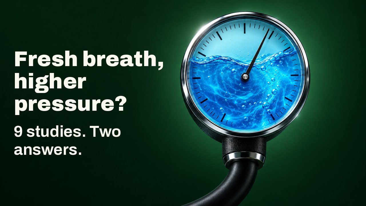 Fresh breath, higher pressure? 9 studies. Two answers. A round blood pressure gauge whose glass dial is filled with swirling blue mouthwash, the needle leaning toward the high side, on a deep forest green background.
