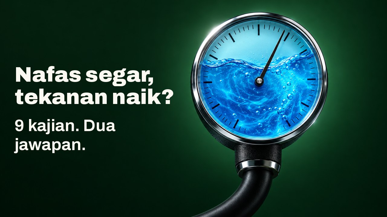 Nafas segar, tekanan naik? 9 kajian. Dua jawapan. Tolok tekanan darah bulat yang dail kacanya dipenuhi mouthwash biru berpusar, jarumnya condong ke arah tinggi, berlatarkan hijau hutan yang pekat.