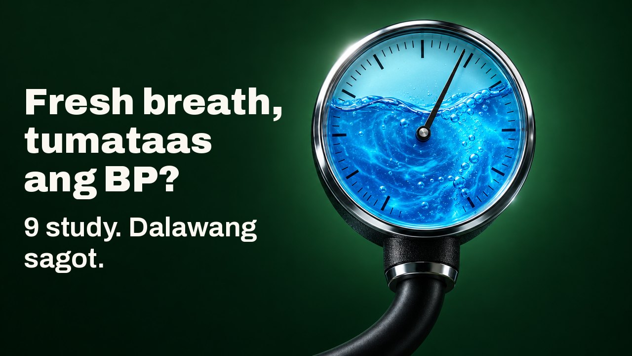 Fresh breath, tumataas ang BP? 9 study. Dalawang sagot. Isang bilog na blood pressure gauge na ang salaming dial ay puno ng umiikot na asul na mouthwash, nakahilig ang karayom sa mataas na bahagi, sa malalim na forest green na background.