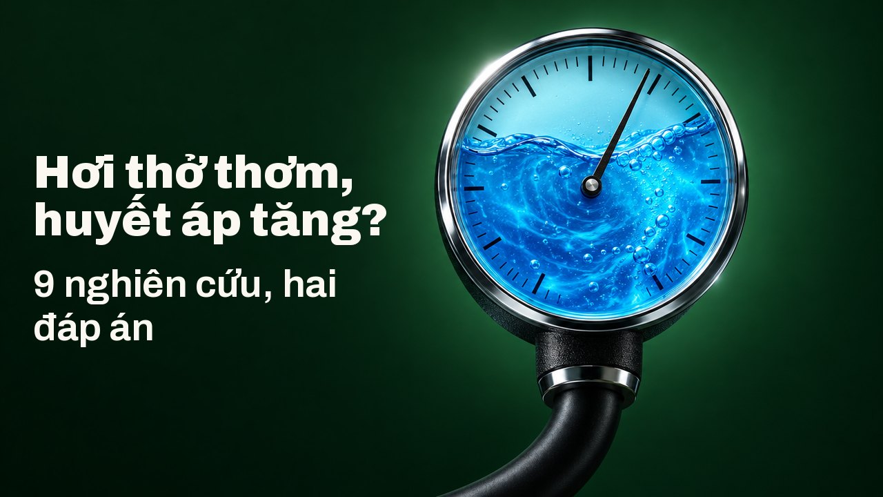 Hơi thở thơm, huyết áp tăng? 9 nghiên cứu, hai đáp án Một chiếc đồng hồ đo huyết áp tròn có mặt kính chứa đầy nước súc miệng xanh lam xoáy tròn, kim nghiêng về phía cao, trên nền xanh lục rừng thẫm.