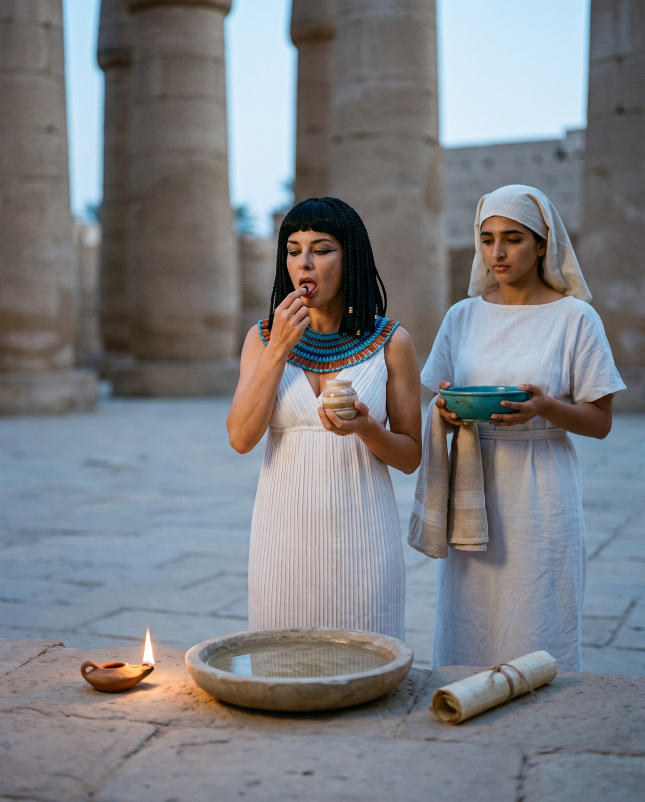 Natural remedy for bad breath: a chantress of Karnak in white linen and a broad faience collar places a dark kyphi pellet on her tongue before dawn, an attendant beside her with a bowl of water