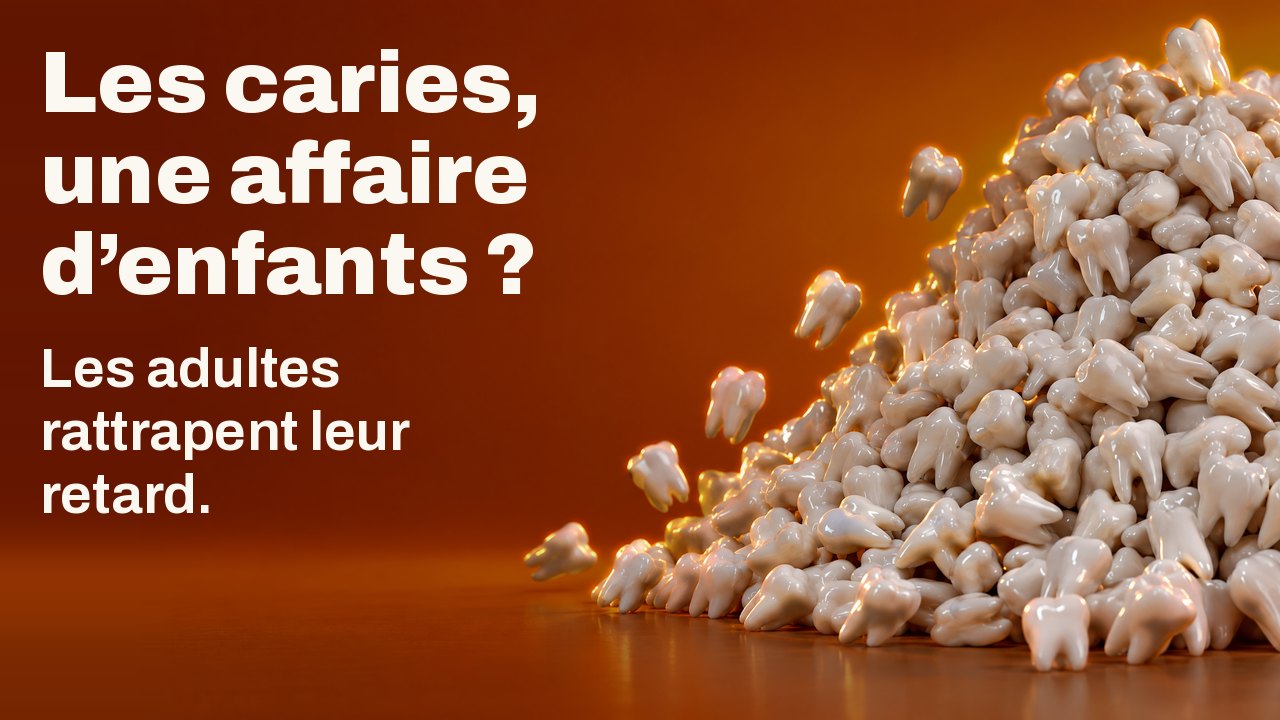 Les caries, une affaire d’enfants ? Les adultes rattrapent leur retard. Un tas grandissant de centaines de figurines de dents blanches, quelques unes dégringolent, sur orange chaud.