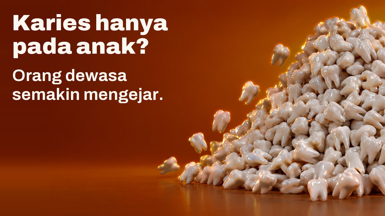 Gigi berlubang hal kanak kanak? Orang dewasa semakin mengejar. Timbunan beratus ratus patung gigi putih yang kian membesar, beberapa bergolek jatuh, berlatarkan jingga senja.