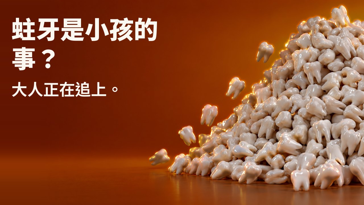 蛀牙是小孩的事？ 大人正在追上。 數百顆白色牙齒模型越堆越高，有幾顆滾落，背景是溫暖的夕陽橙。