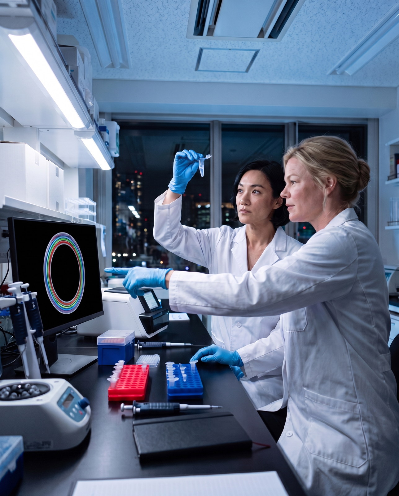 Oral microbiome DNA research: two researchers in a Tokyo genomics lab at night examine a saliva tube beside a screen showing a circular genome map