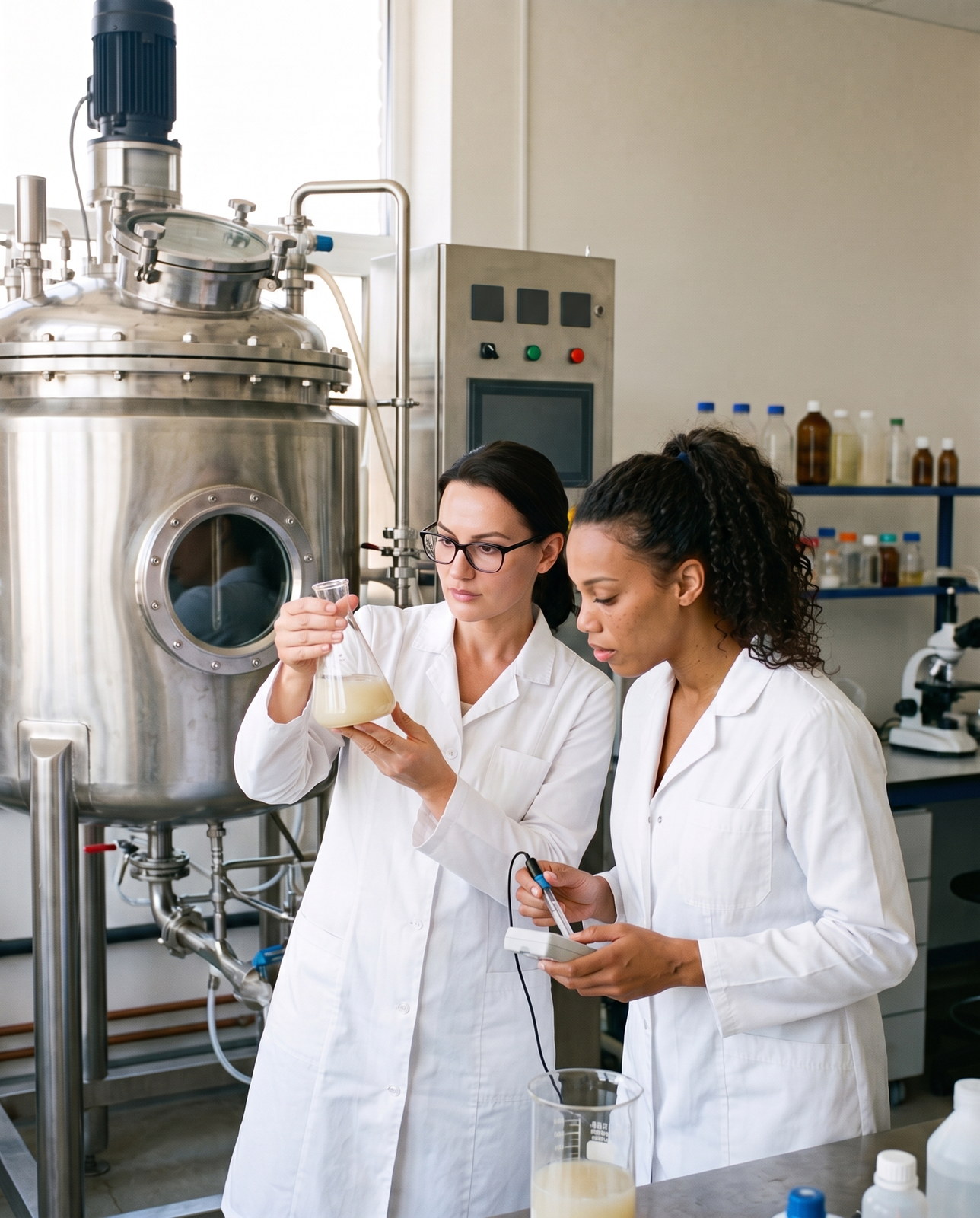 Oral probiotics for teeth and gums: two scientists at a stainless steel bioreactor hold a flask of cloudy culture broth up to the light