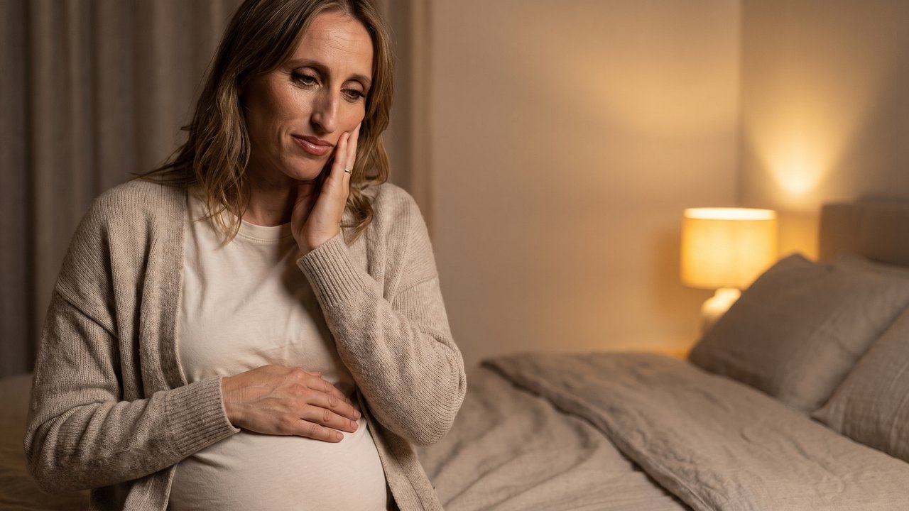 Late evening in a warm bedroom: a pregnant woman with shoulder length wavy hair, in an oatmeal knit cardigan over a cream top, sits on the edge of a bed; one hand rests on her belly, the fingertips of the other press lightly against her cheek and jaw as if feeling a tooth; a bedside lamp glows softly behind her.