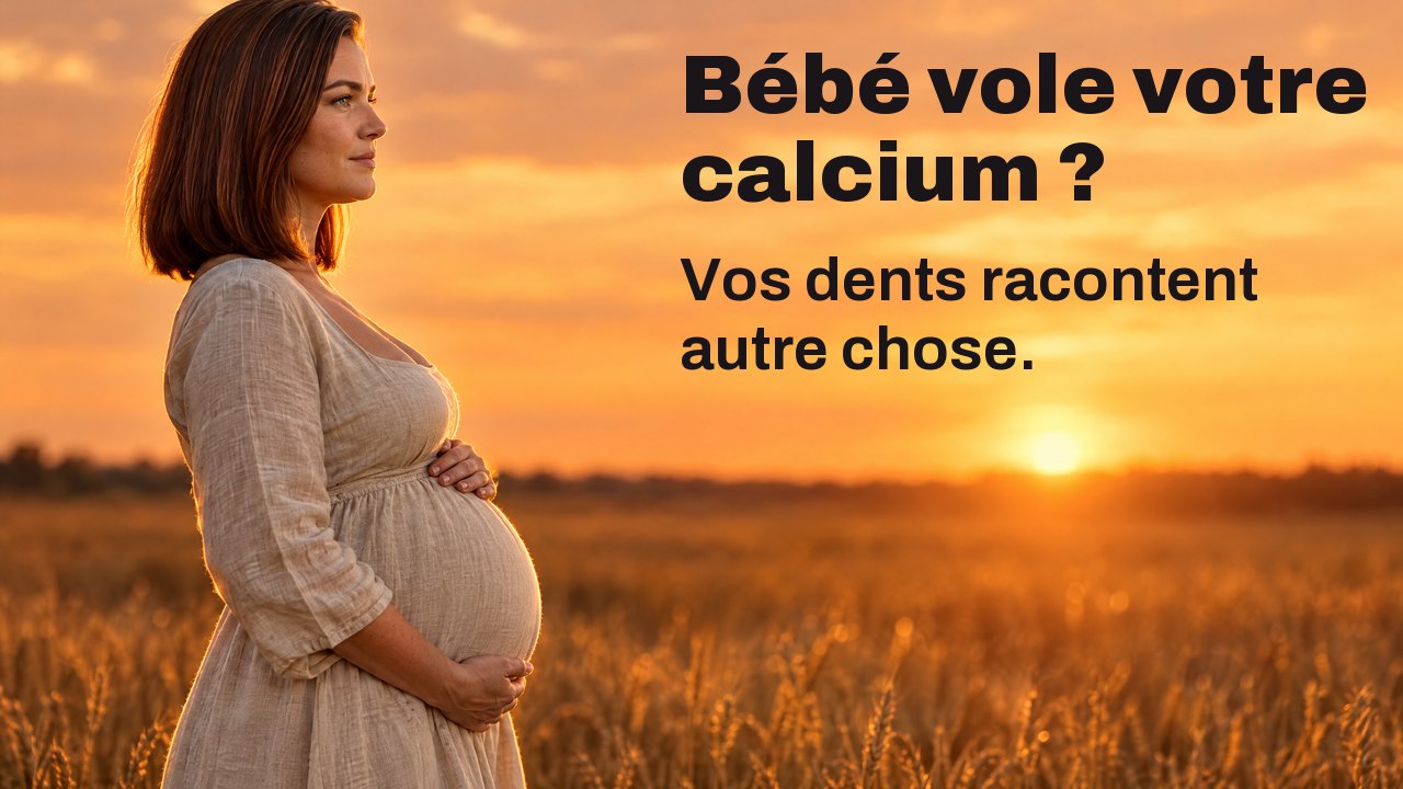 Bébé vole t il votre calcium ? Vos dents racontent autre chose. Une femme enceinte de profil tient son ventre dans un champ de blé au coucher du soleil, le ciel orange derrière elle.
