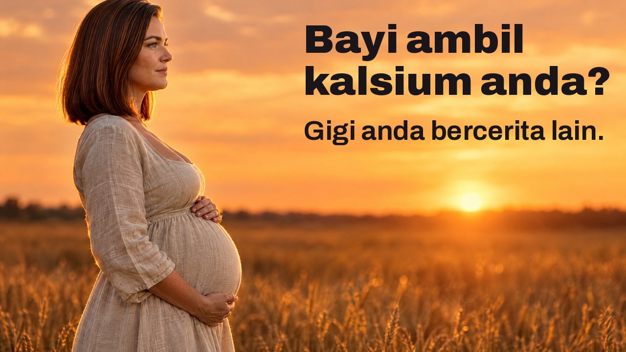 Bayi ambil kalsium anda? Gigi anda bercerita lain. Wanita hamil dari sisi mendakap perutnya di ladang gandum ketika senja, langit jingga bersinar di belakang.