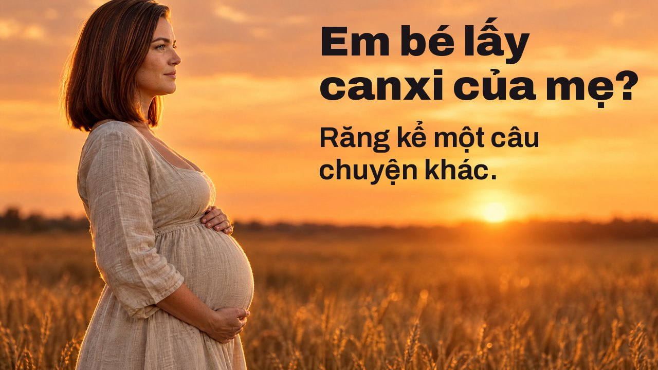 Em bé lấy canxi của mẹ? Răng kể một câu chuyện khác. Người phụ nữ mang thai nhìn nghiêng ôm bụng giữa cánh đồng lúa mì lúc hoàng hôn, bầu trời cam rực phía sau.