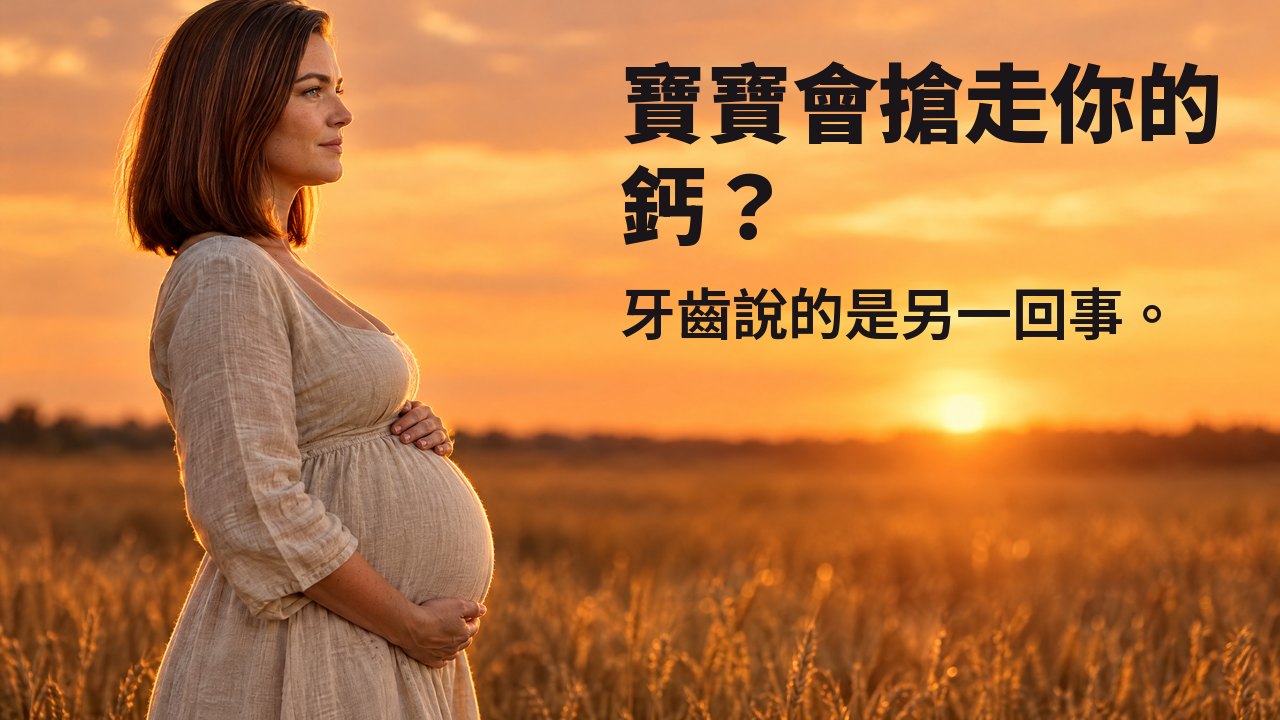 寶寶會搶走你的鈣？ 牙齒說的是另一回事。 孕婦側身在夕陽下的麥田裡捧著肚子，身後是橙色的天空。