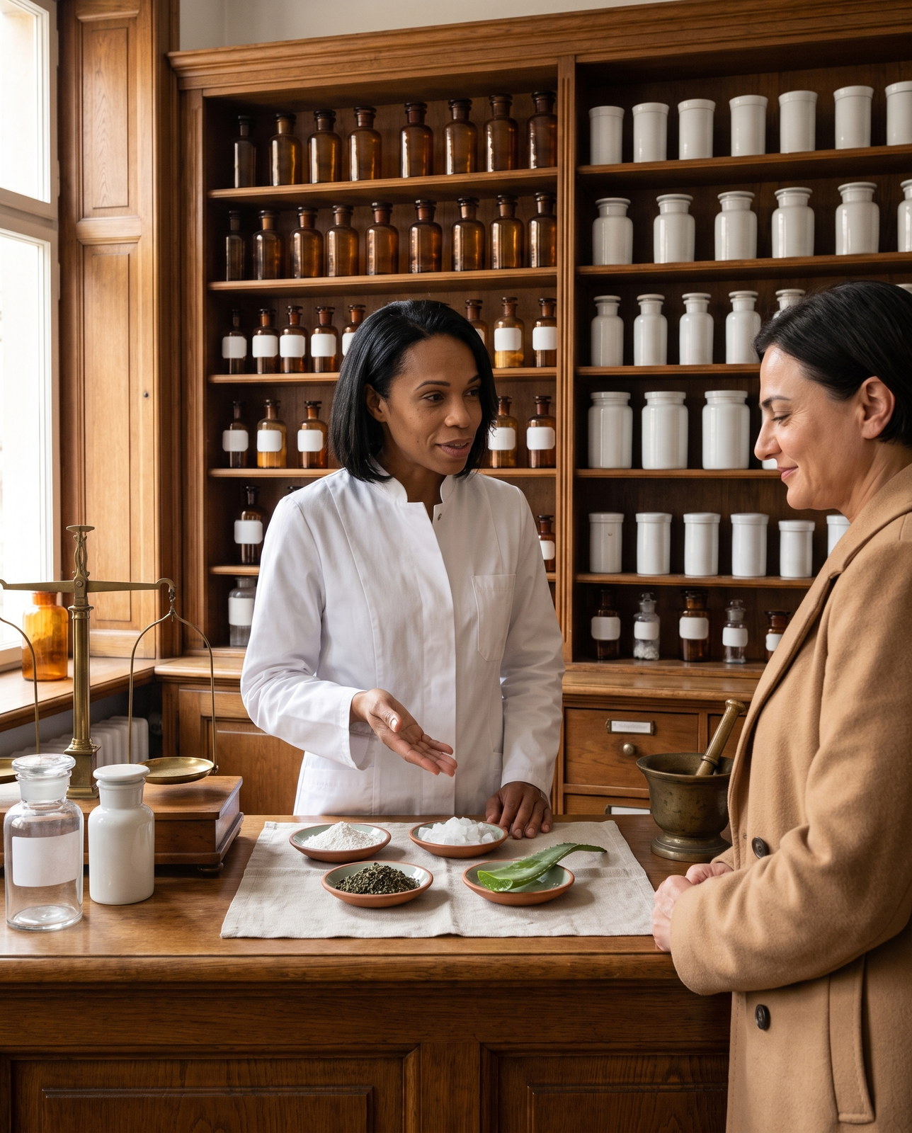 Premium oral care ingredients: a pharmacist in a wood panelled apothecary lays out dishes of hydroxyapatite, xylitol crystals, green tea and cut aloe for a customer