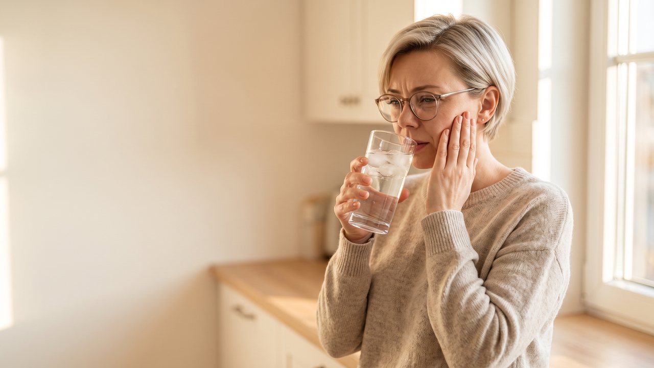 Late afternoon in a bright kitchen: a woman with short ash blonde hair and round glasses, in an oatmeal knit sweater, holds a glass of iced water at her lips and pauses, her other palm pressed to her cheek over the jaw, eyes narrowed at a sudden twinge.