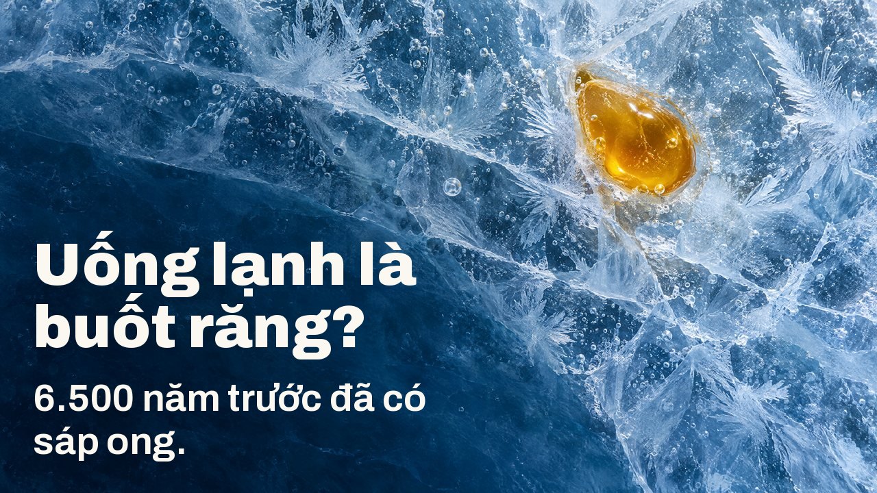 Uống lạnh là buốt răng? 6.500 năm trước đã có sáp ong. Nhìn từ trên xuống: một giọt sáp ong vàng óng đông cứng trong lớp băng xanh nứt nẻ, với hoa văn sương giá và bọt khí.