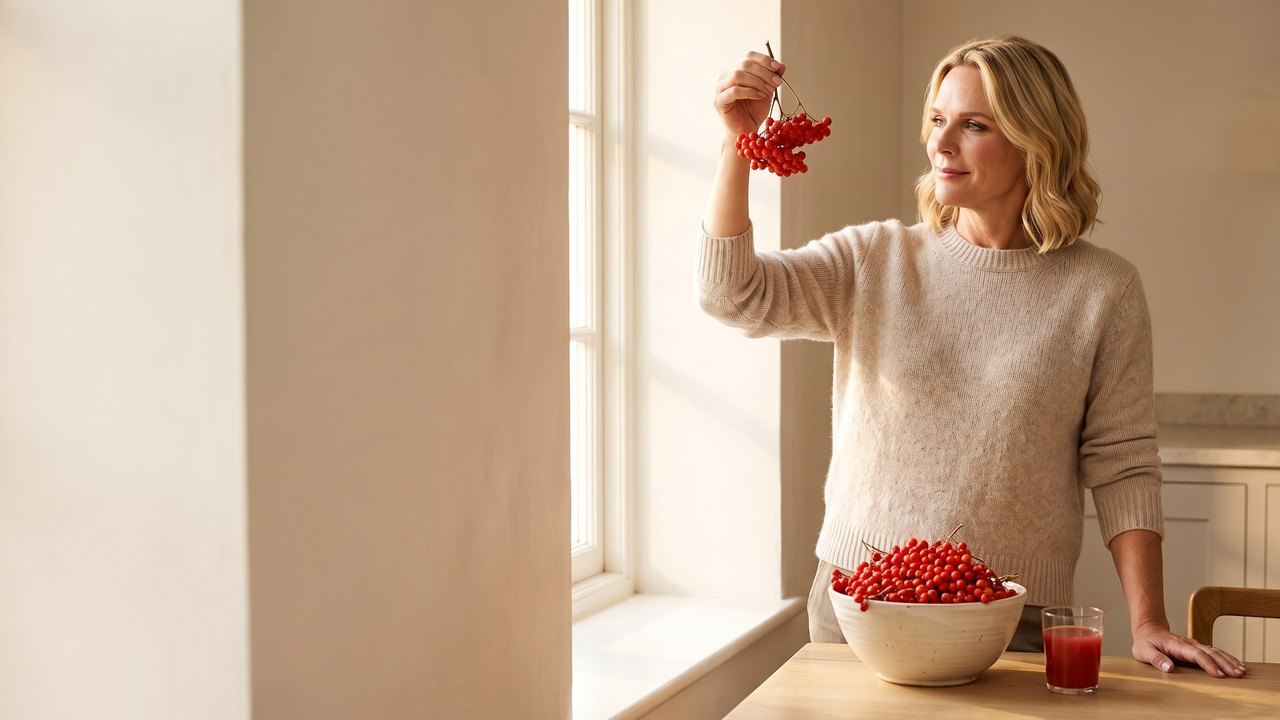 Autumn morning in a bright home kitchen: a woman with wavy blond hair in an oatmeal sweater lifts a cluster of ripe red rowan berries to the window light; a bowl of rowan berries and a small glass of pressed juice stand on the oak table.