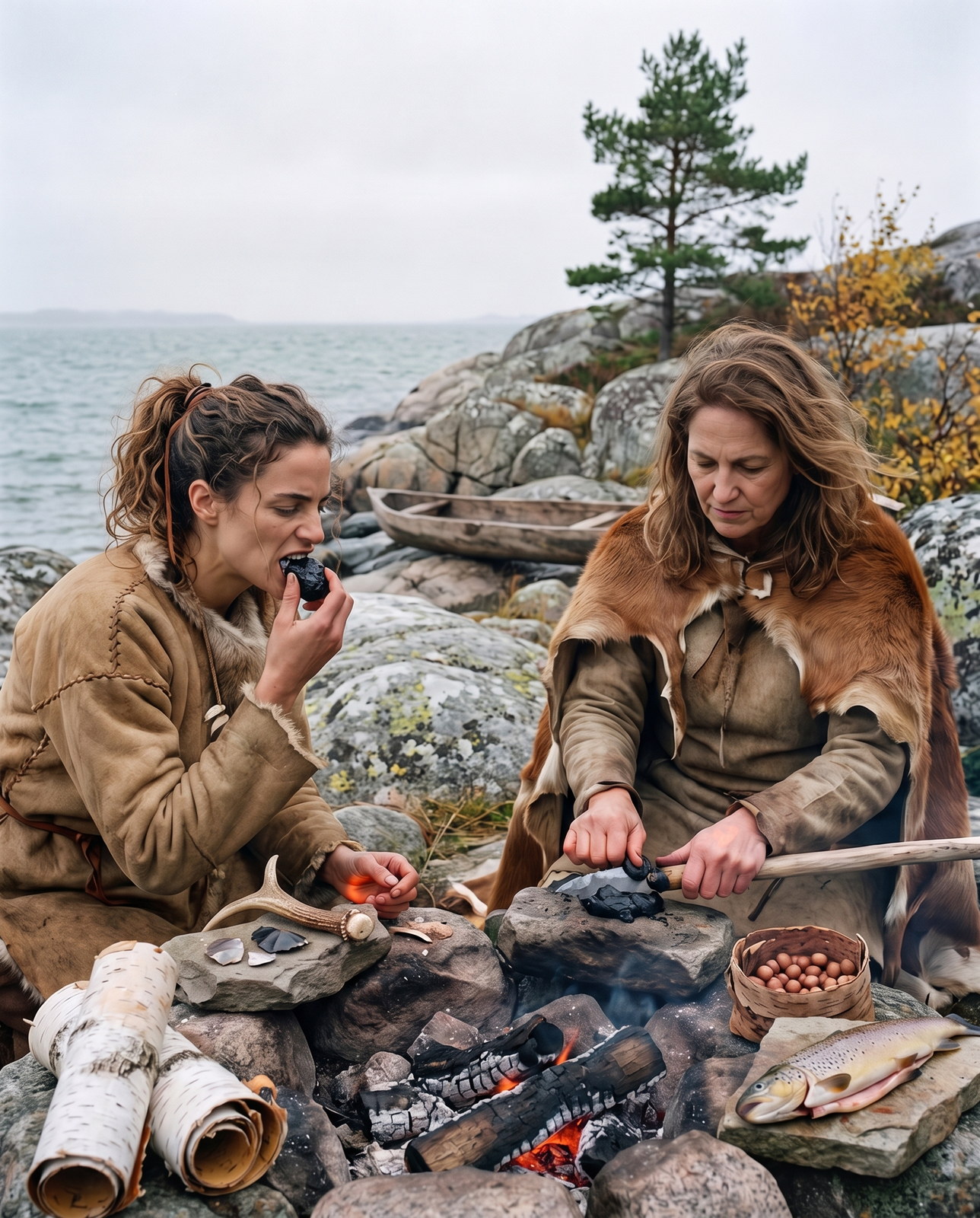 Xylitol for teeth: a young woman on the Mesolithic coast of Sweden bites into a lump of black birch tar while an elder hafts a flint blade with the same tar at the hearth