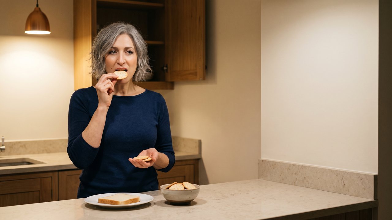 Late evening in a warm home kitchen: a grey haired woman in a plain dark blue top stands at a stone countertop, biting a plain round cracker and holding a few more in her other palm; a plate with a slice of white bread and a bowl of crackers sit in front of her.