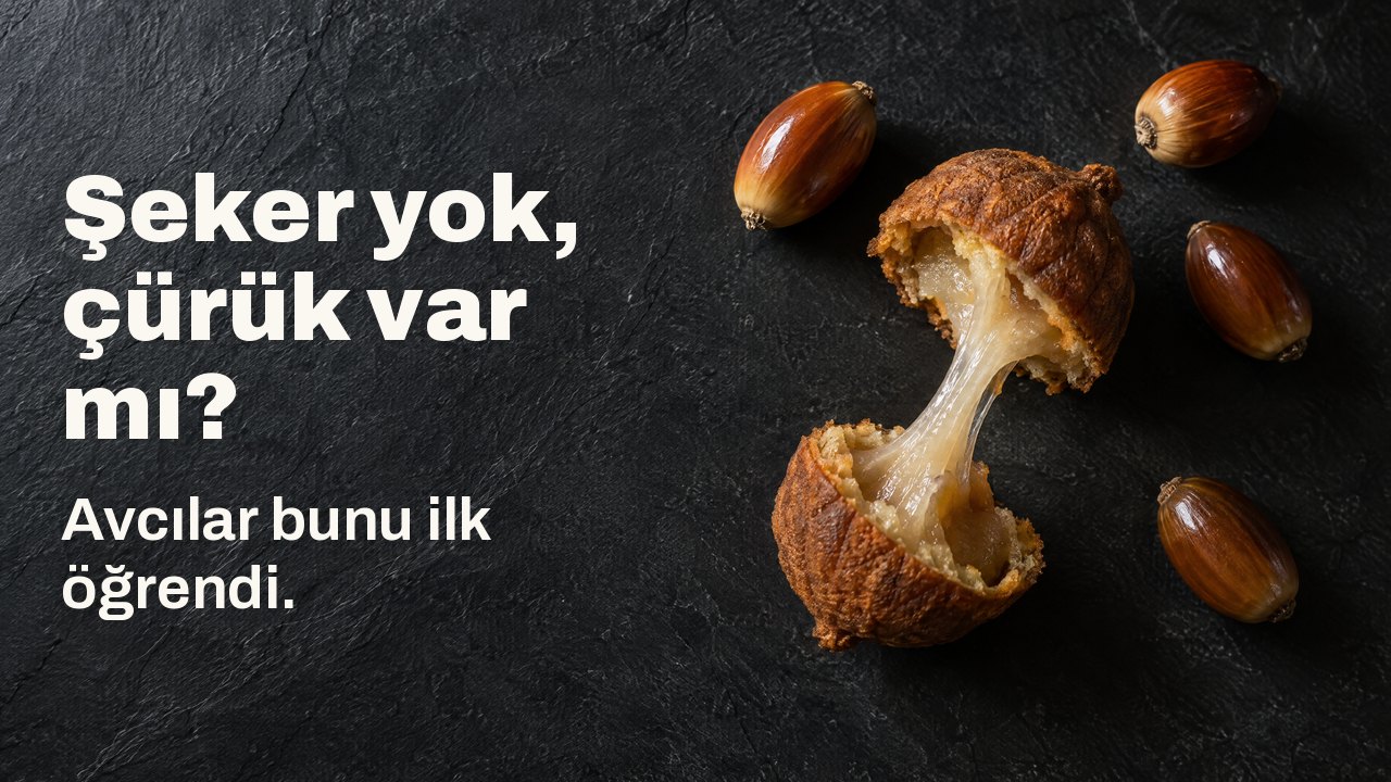 Şeker yok, çürük var mı? Avcılar bunu ilk öğrendi. Yukarıdan: kabuğu soyulmuş palamutlar ve ortadan bölünmüş palamut keki, yarımlar arasında yapışkan bir nişasta ipliği, koyu arduvaz üstünde.