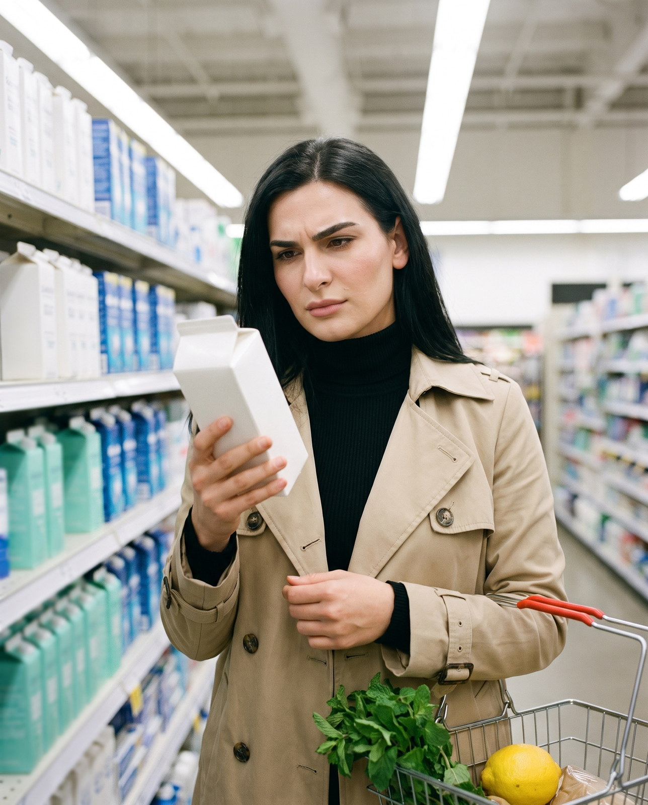 Tooth enamel erosion: a woman in a supermarket oral care aisle reads the blank back of a carton with a sceptical frown, mint and a lemon in her basket