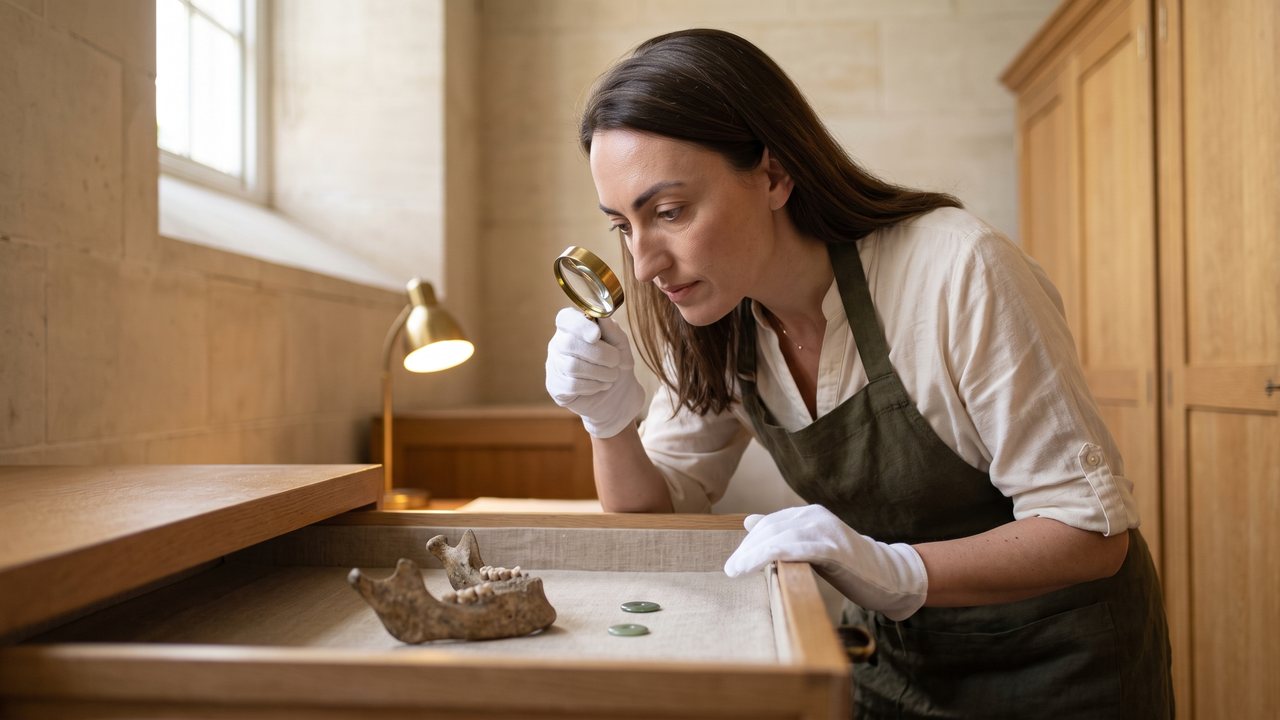 In a museum storeroom, a conservator in white cotton gloves looks through a brass hand lens over an open drawer that holds an ancient jaw fragment and two small jade green discs.