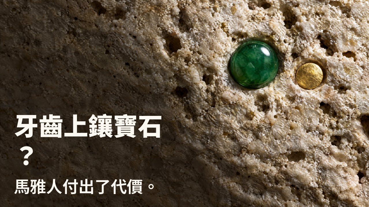 牙齒上鑲寶石？ 馬雅人付出了代價。 斜光微距：一顆拋光的玉石和一枚小金片嵌在粗糙的淺色石灰岩中。