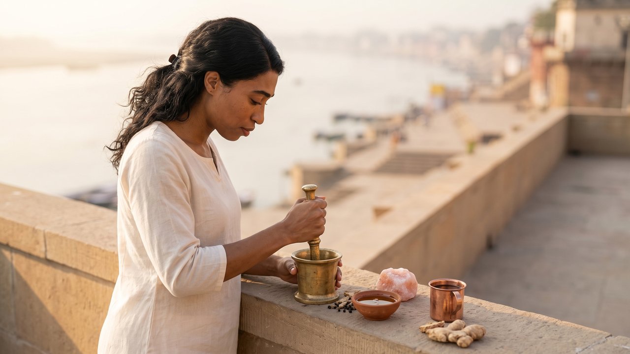 Early morning on a rooftop in Varanasi: a woman in a plain cotton kurta grinds dried ginger and black peppercorns in a small brass mortar on a low wall, with a bowl of honey, a lump of pink rock salt and a cup of sesame oil beside her and the river ghats soft in the haze behind.