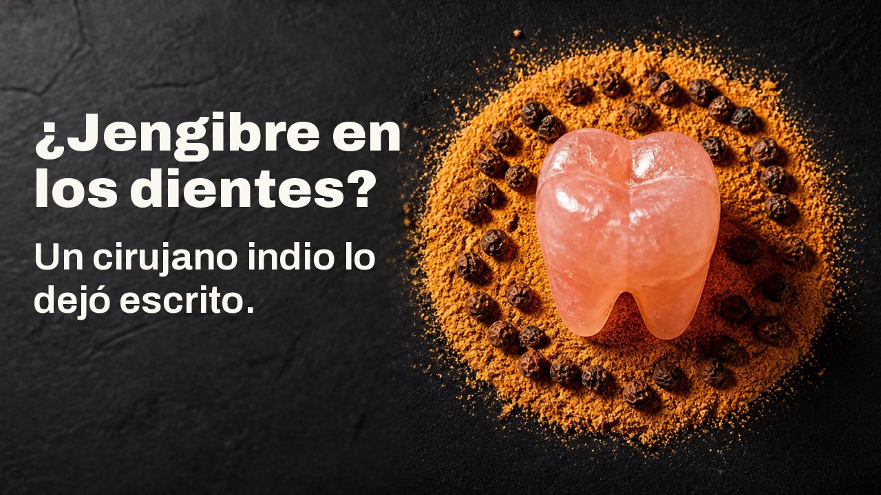 ¿Jengibre en los dientes? Un cirujano indio lo dejó escrito. Vista cenital sobre tela índigo oscuro: una muela tallada en sal de roca rosa, de pie dentro de un anillo de jengibre seco molido anaranjado y pimienta negra.