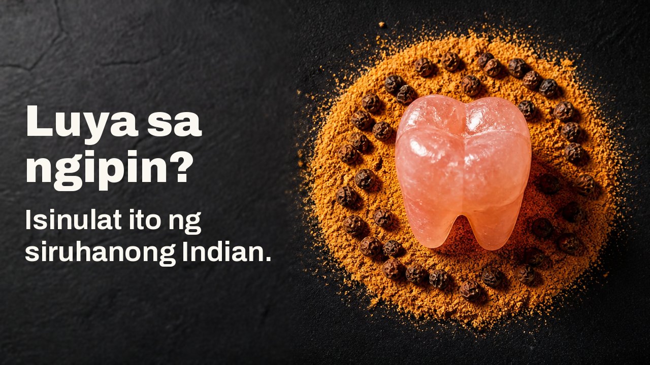 Luya sa ngipin? Isinulat ito ng siruhanong Indian. Tanaw mula sa itaas sa malalim na indigong tela: isang bagang na inukit mula sa pink na rock salt, nakatayo sa gitna ng bilog ng kahel na giniling na tuyong luya at itim na paminta.