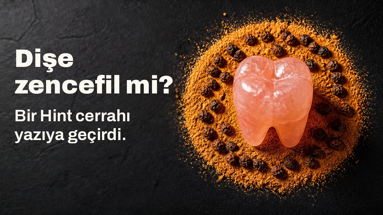 Dişe zencefil mi? Bir Hint cerrahı yazıya geçirdi. Koyu çivit rengi kumaşın üstünden bakış: pembe kaya tuzundan oyulmuş bir azı dişi, turuncu öğütülmüş kuru zencefil ve karabiberden bir halkanın içinde duruyor.