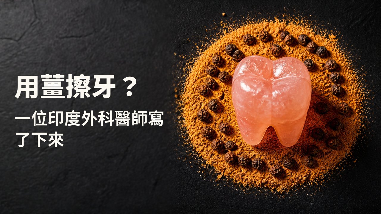 用薑擦牙？ 一位印度外科醫師寫了下來 從上方俯瞰深靛藍色的布：一顆用粉紅岩鹽雕成的臼齒，立在一圈橙色乾薑粉和黑胡椒之中。